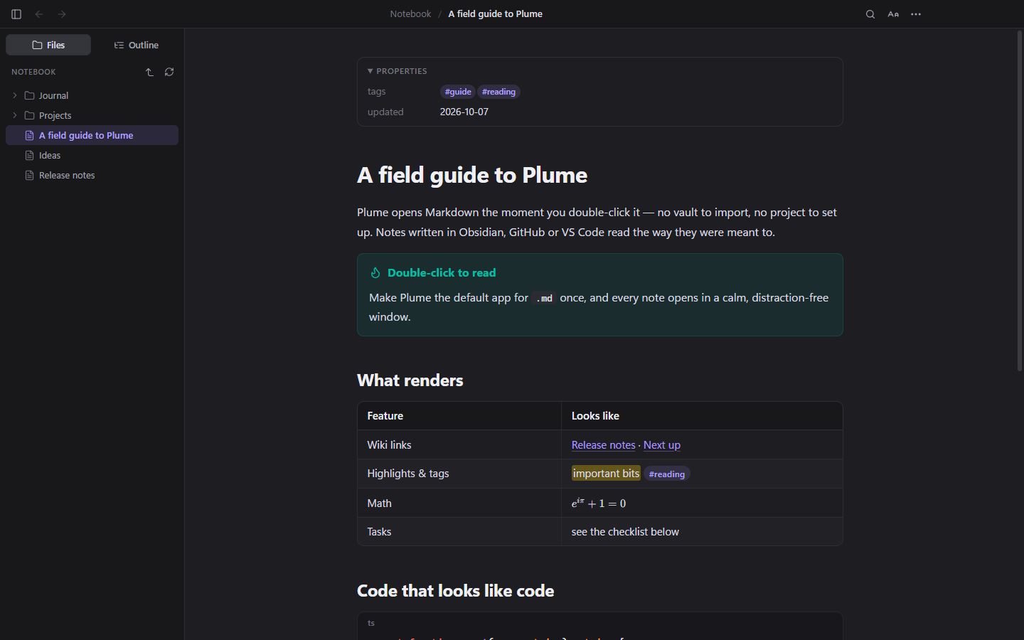 Plume rendering a note in dark mode
