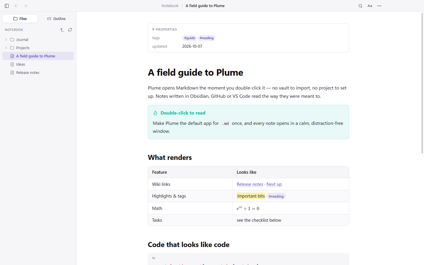 Plume showing a note with its folder tree, a callout and a table