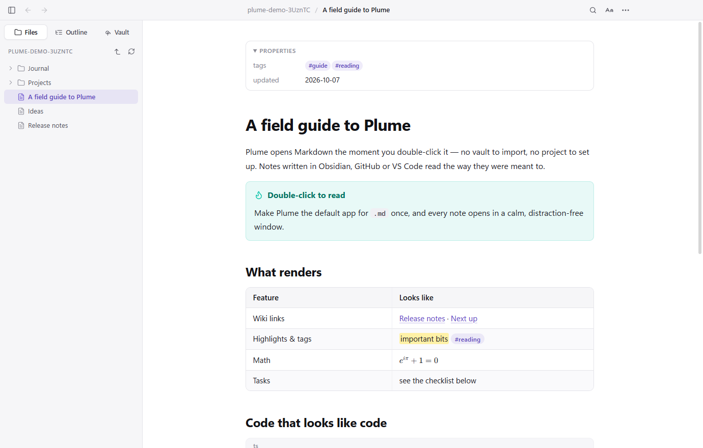 A document open in Plume with the folder tree in the sidebar