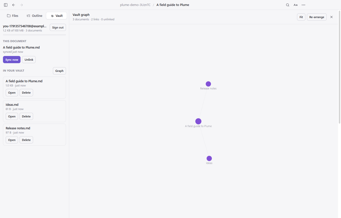 The vault graph in Plume, showing documents as circles joined by their links