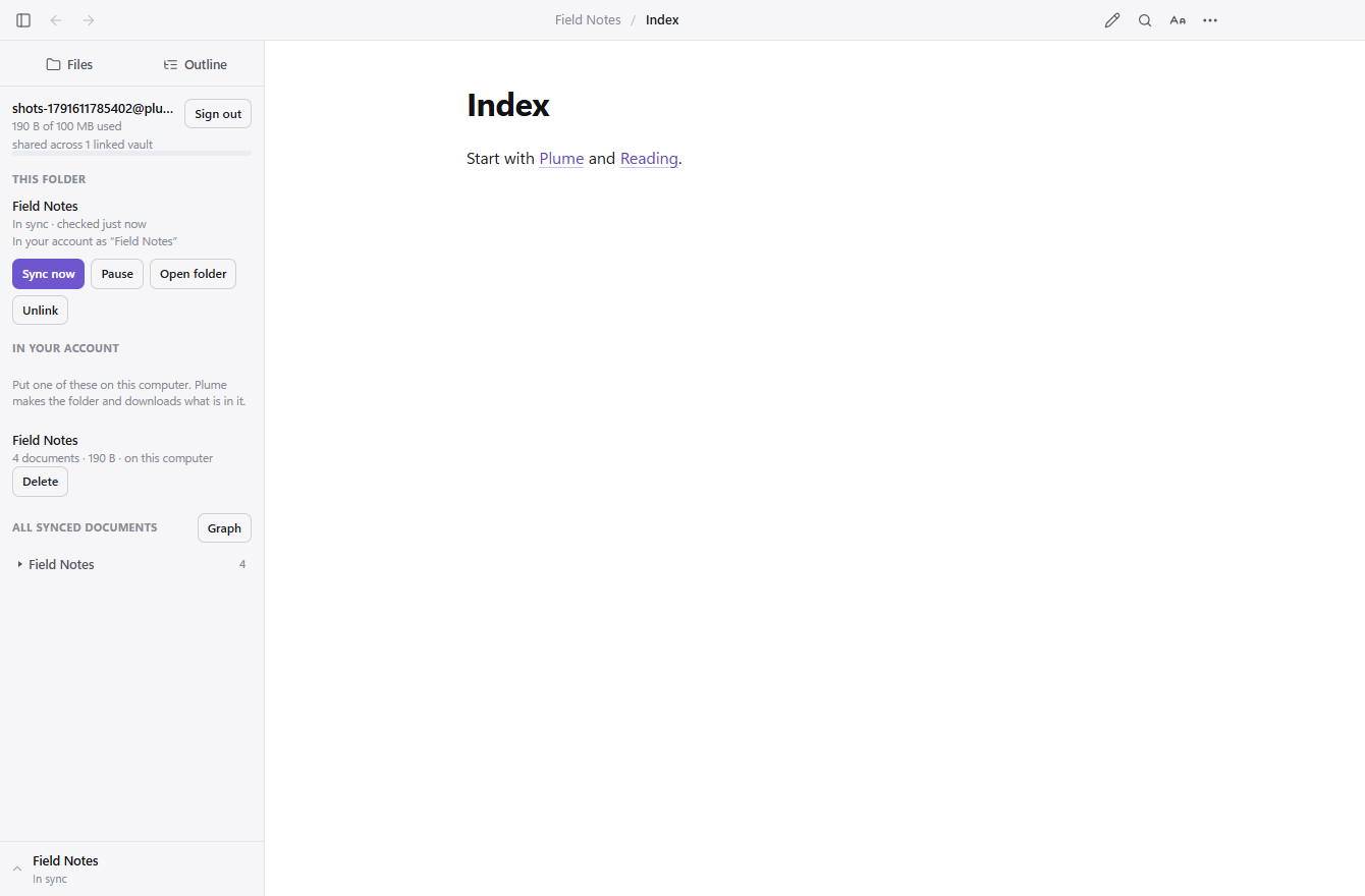 A linked vault in Plume&rsquo;s sidebar, showing when it last synced and the storage it shares with every other linked vault