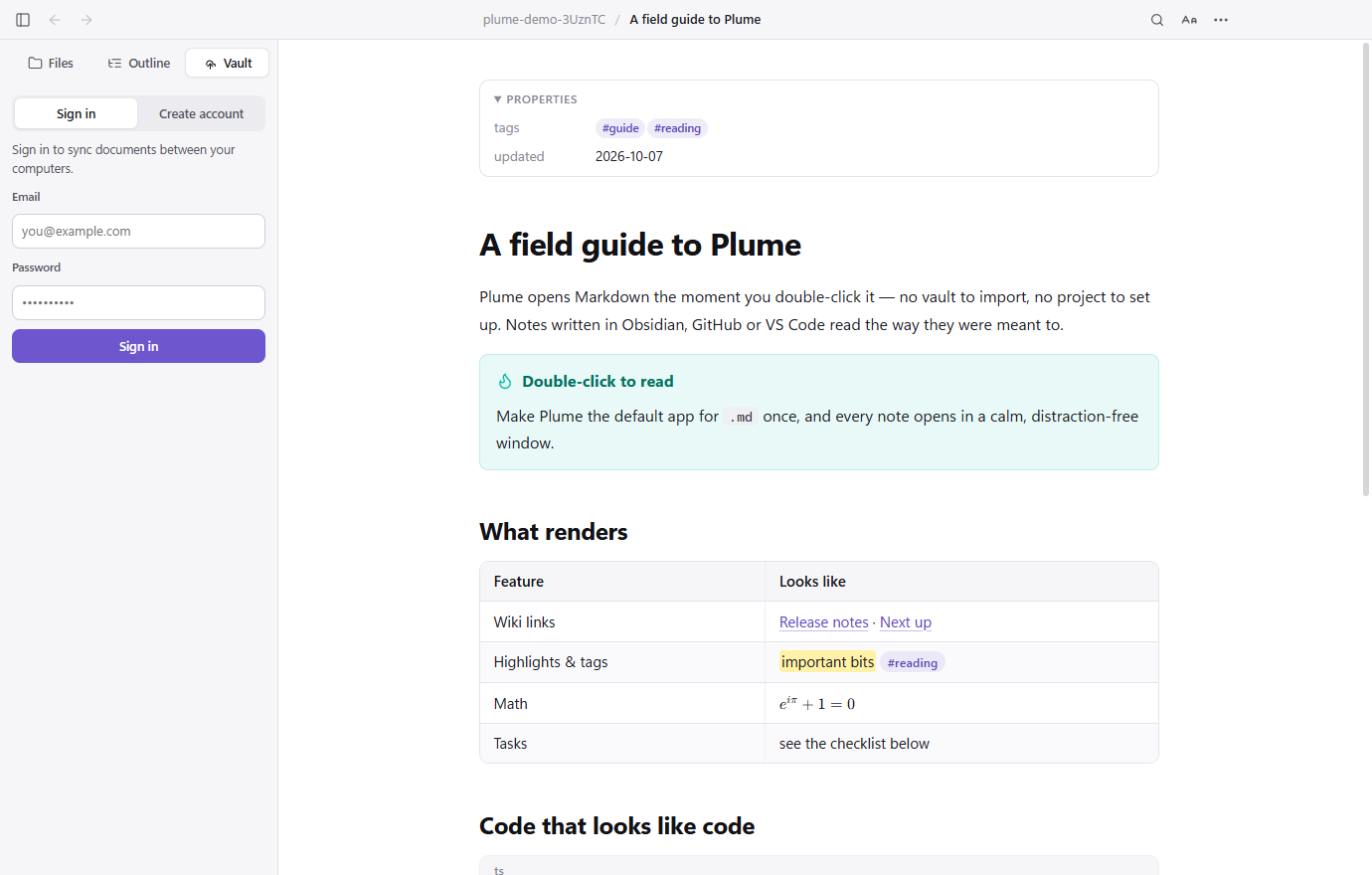 The Vault tab in Plume’s sidebar, showing the sign-in form in place