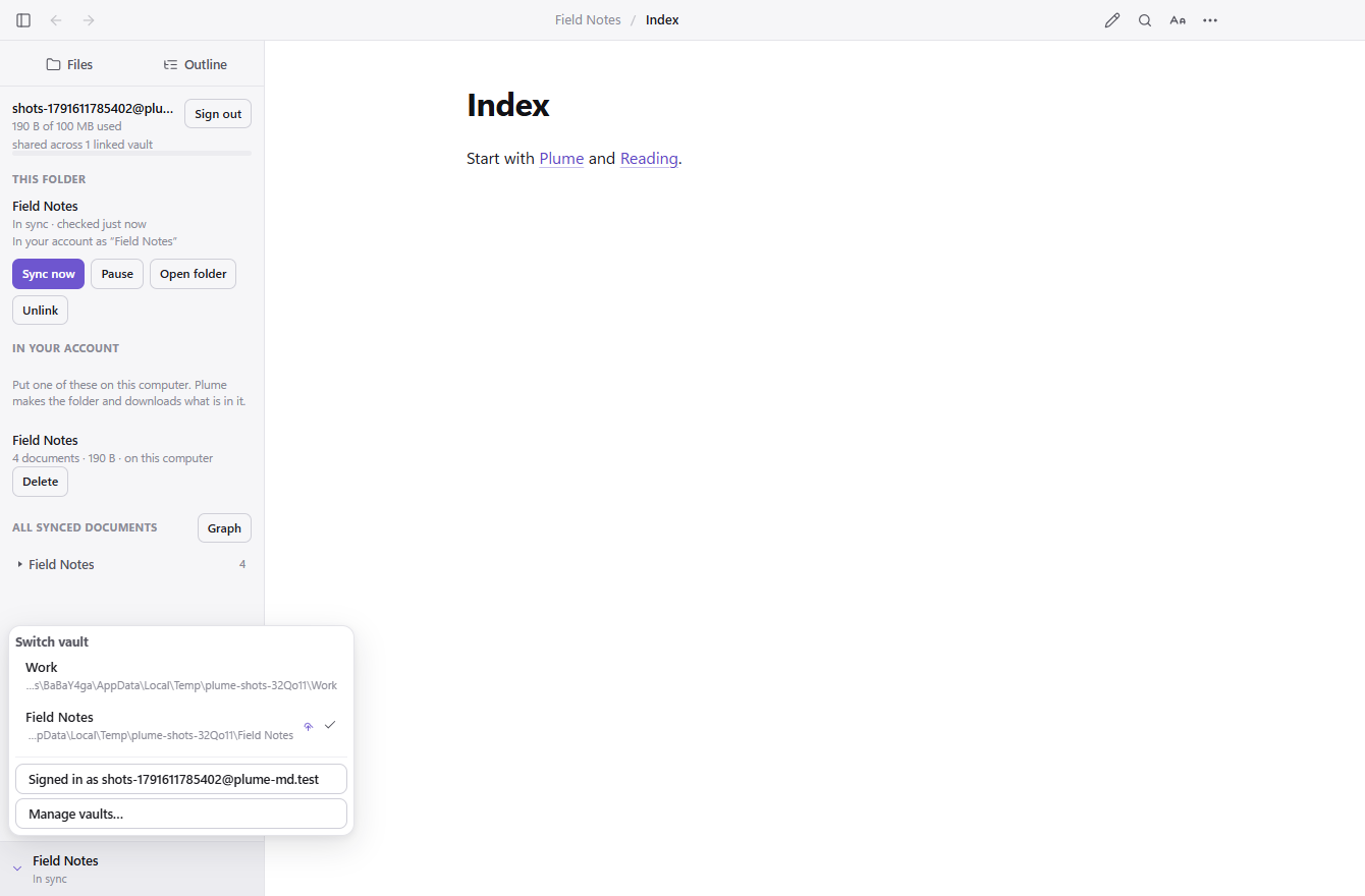 The vault list at the foot of Plume&rsquo;s sidebar, with the open vault ticked and the account beneath it