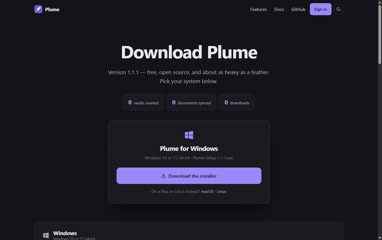 The Plume download page, offering the build that matches the visitor’s system