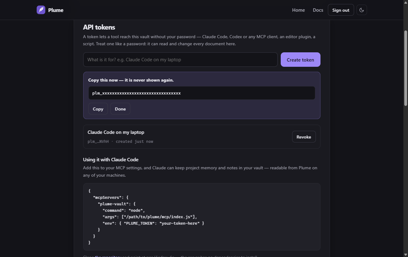 The API tokens panel, showing a newly created token and the list of existing ones